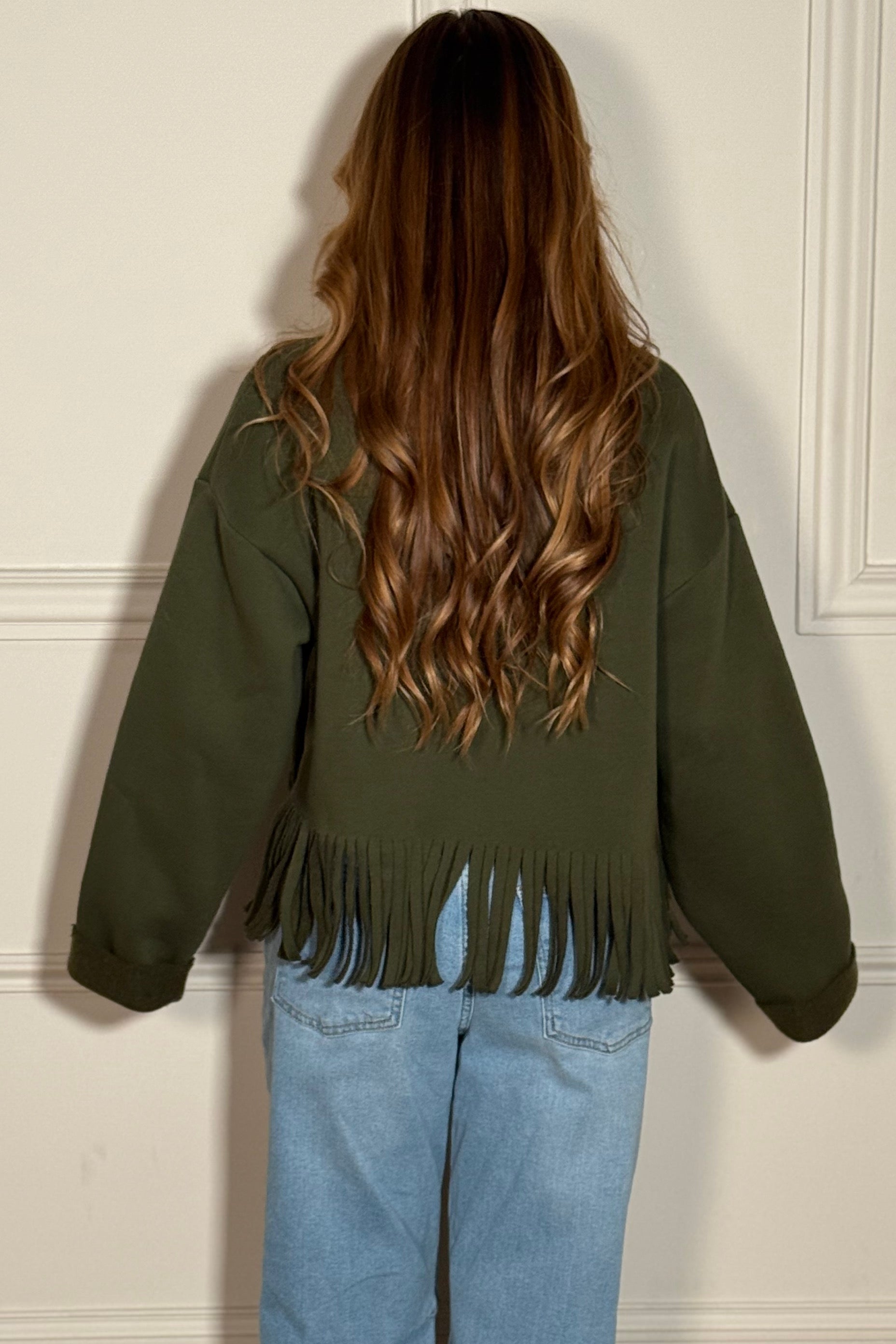 Sweat à franges femme kaki - vue de dos - style décontracté chic BLOOSHOP
