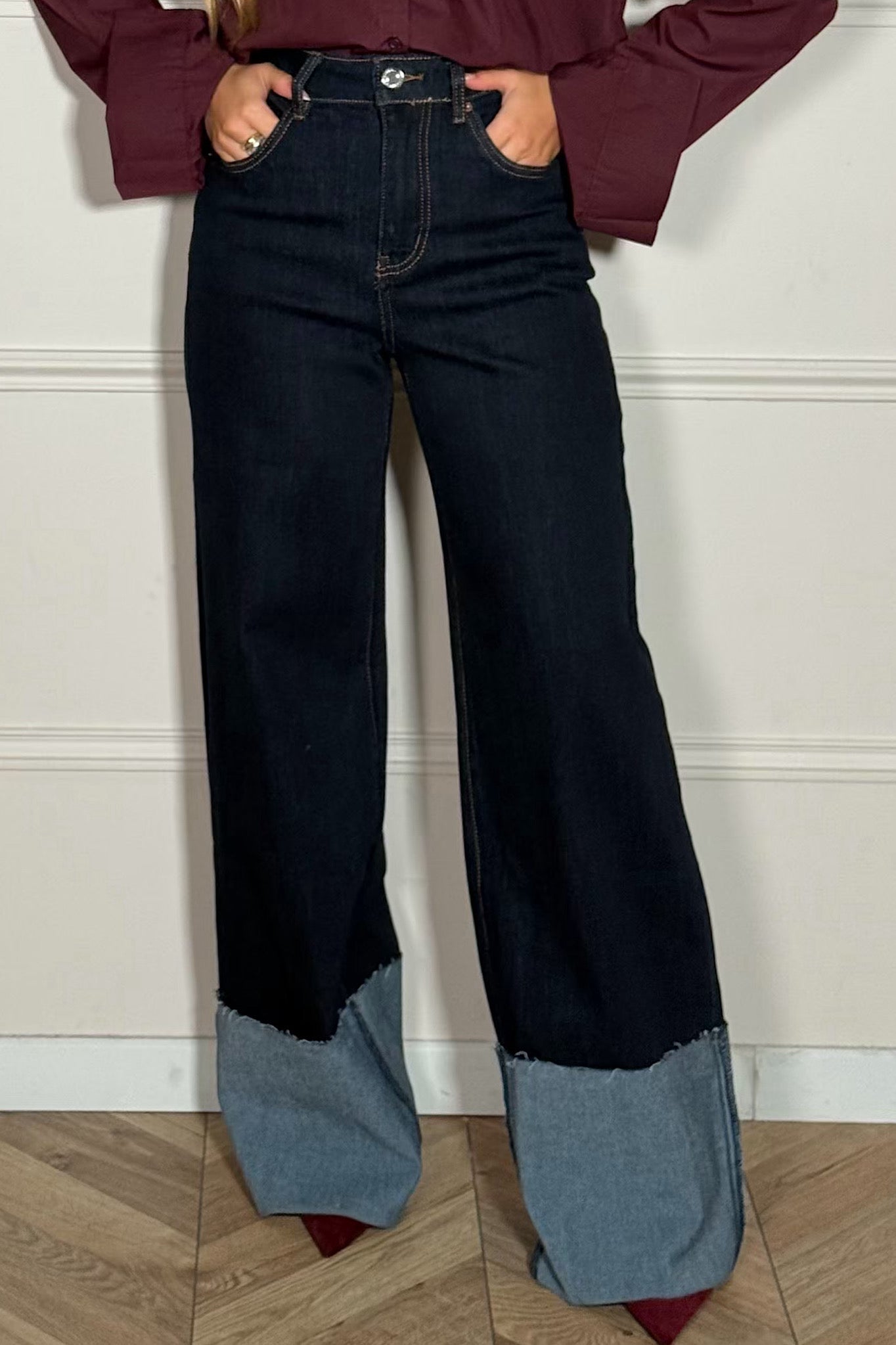 Jeans à Revers Brut Femme Wide Baggy