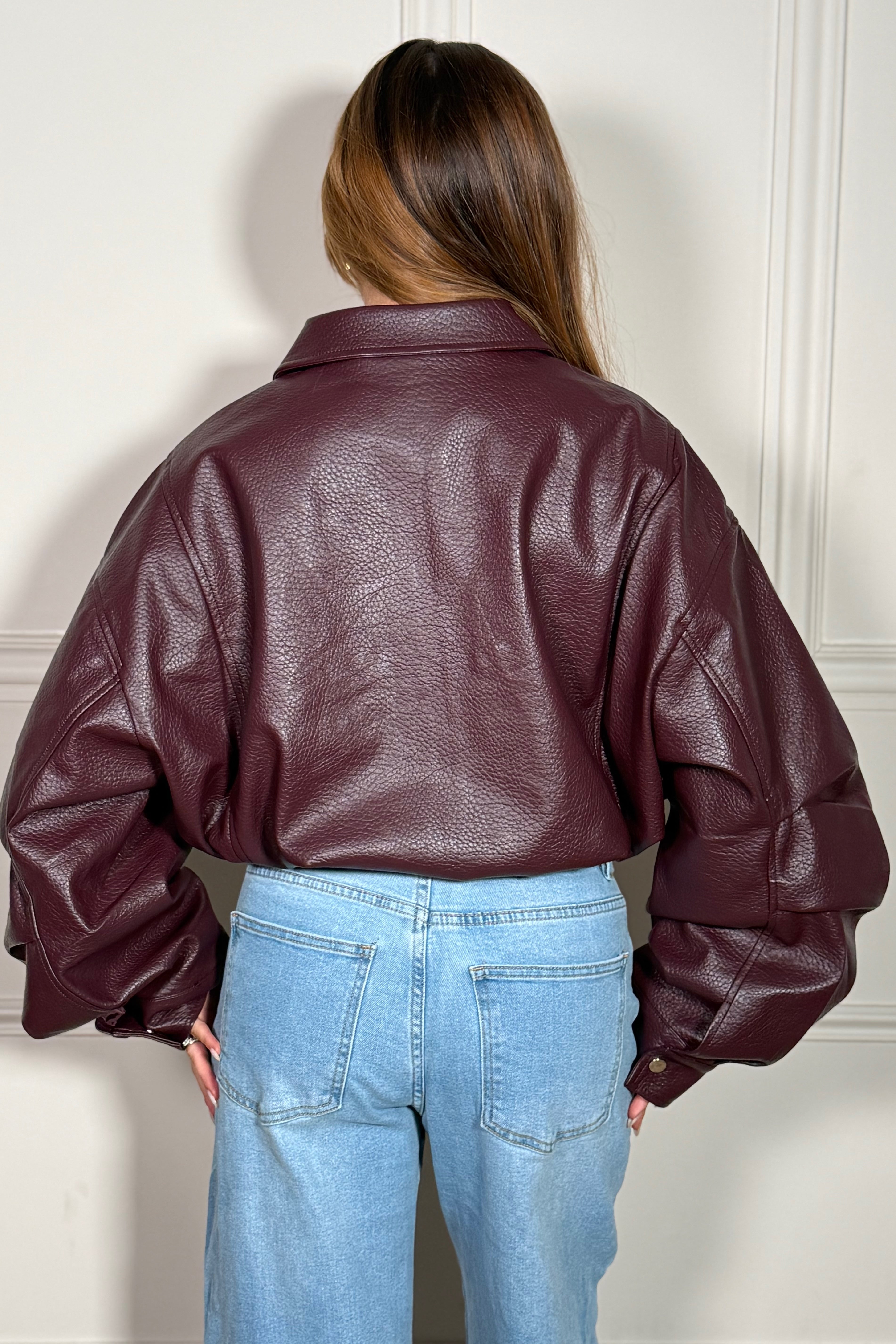 Bomber Femme Simili Cuir Granulé à Manches Ballon - Style Urbain Tendance