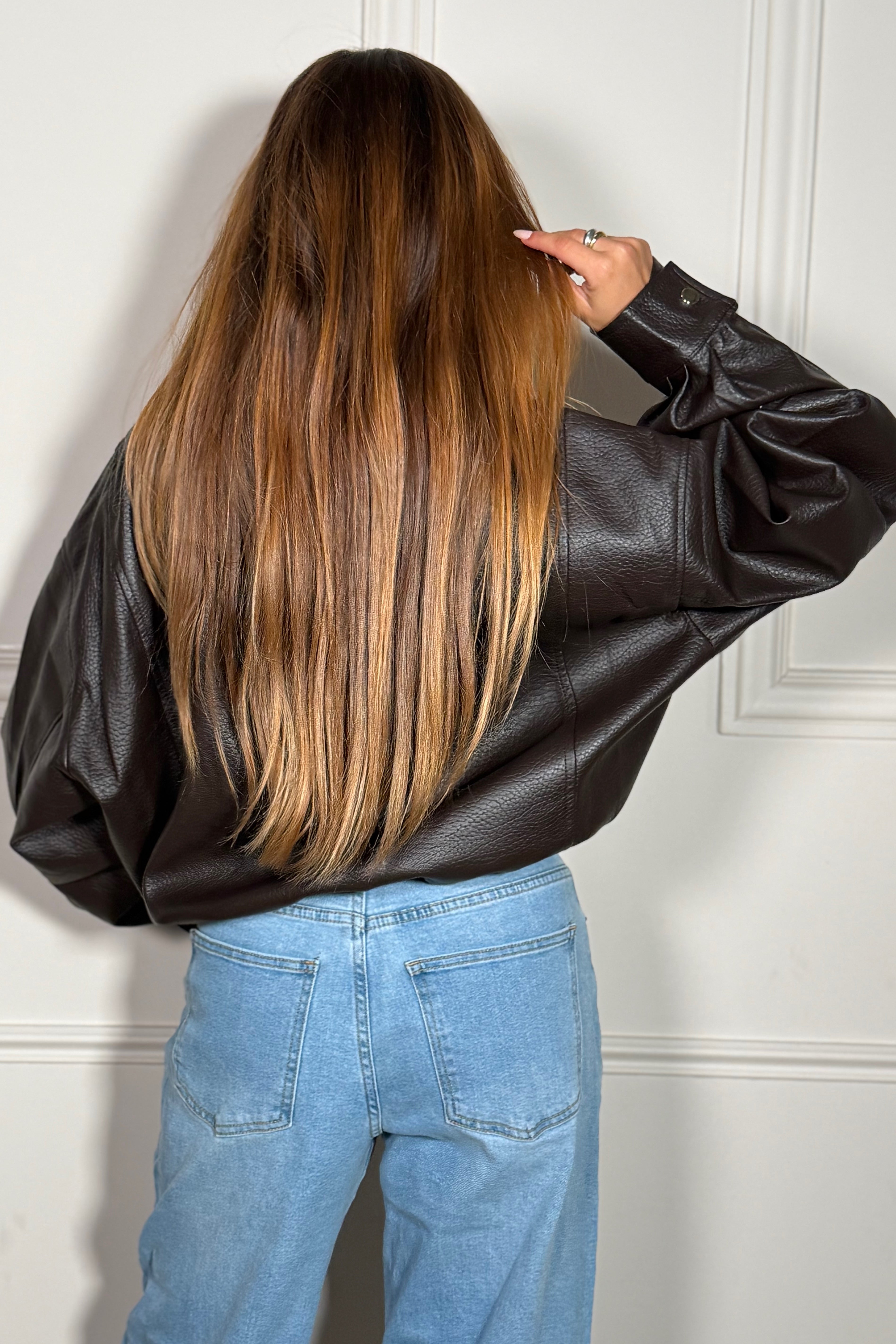 Bomber Femme Simili Cuir Granulé à Manches Ballon - Style Urbain Tendance