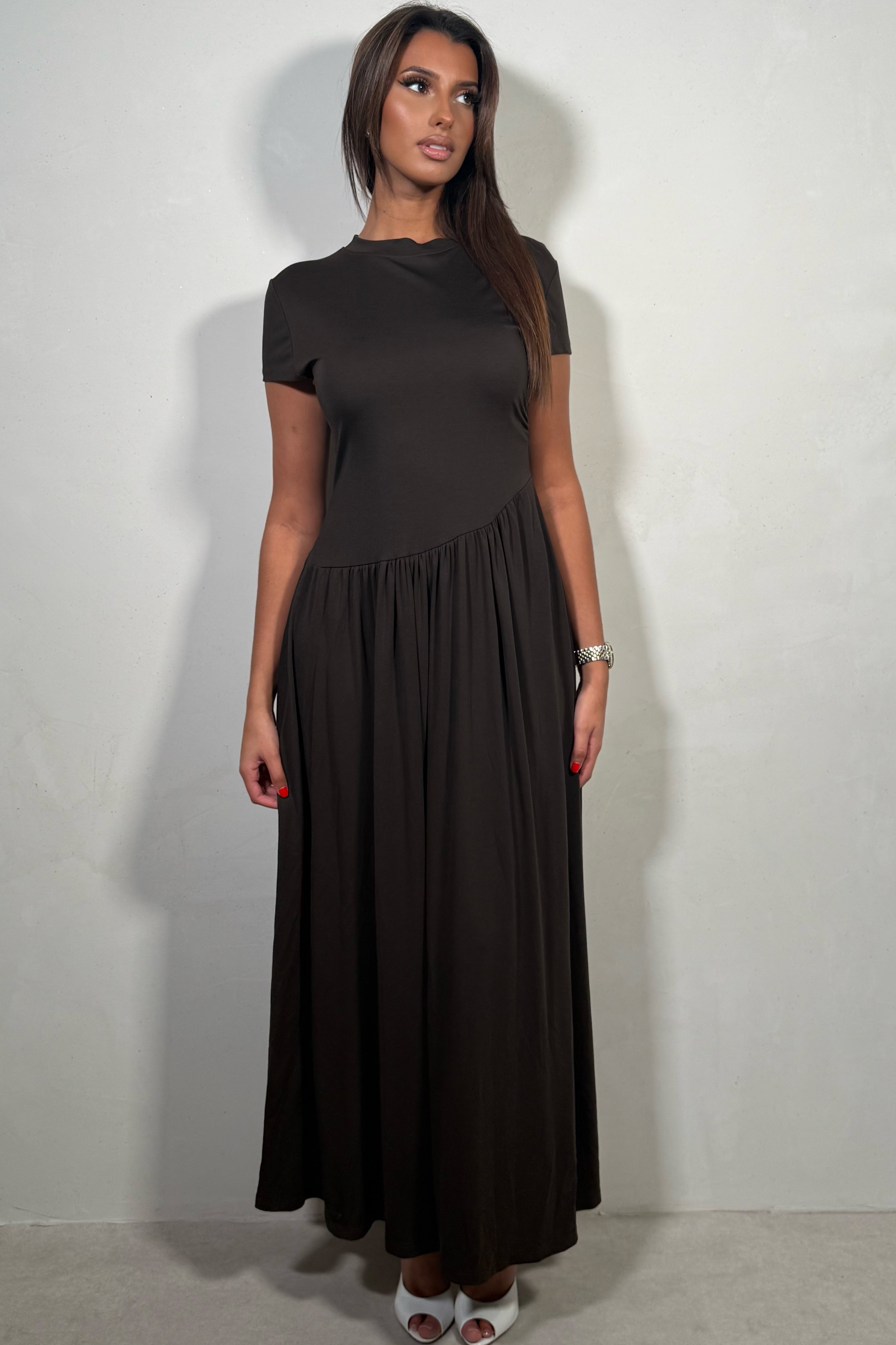 Robe Longue Femme Marron À Taille Asymétrique