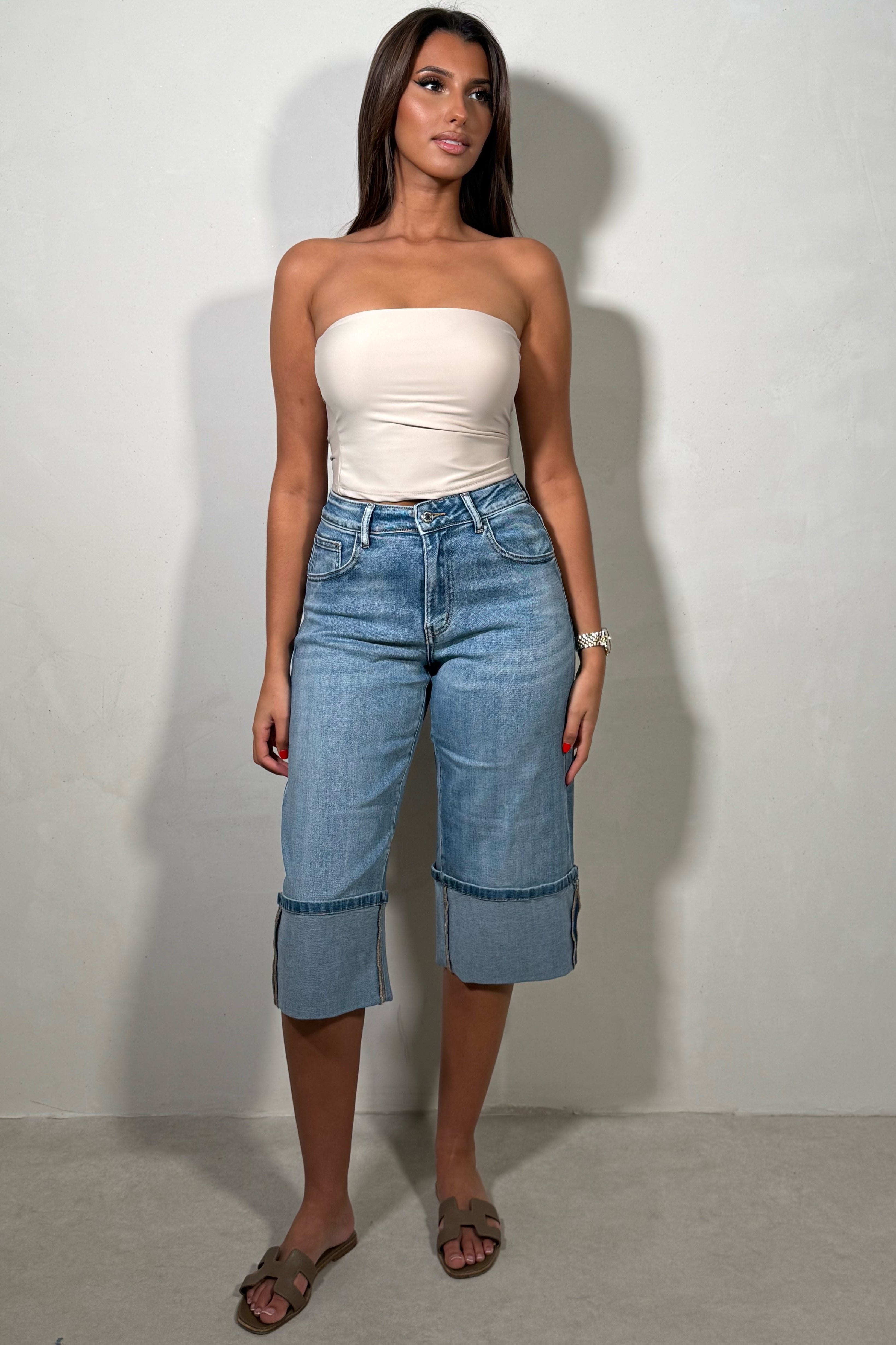 Bermuda Denim Ajusté Style Vintage À Revers