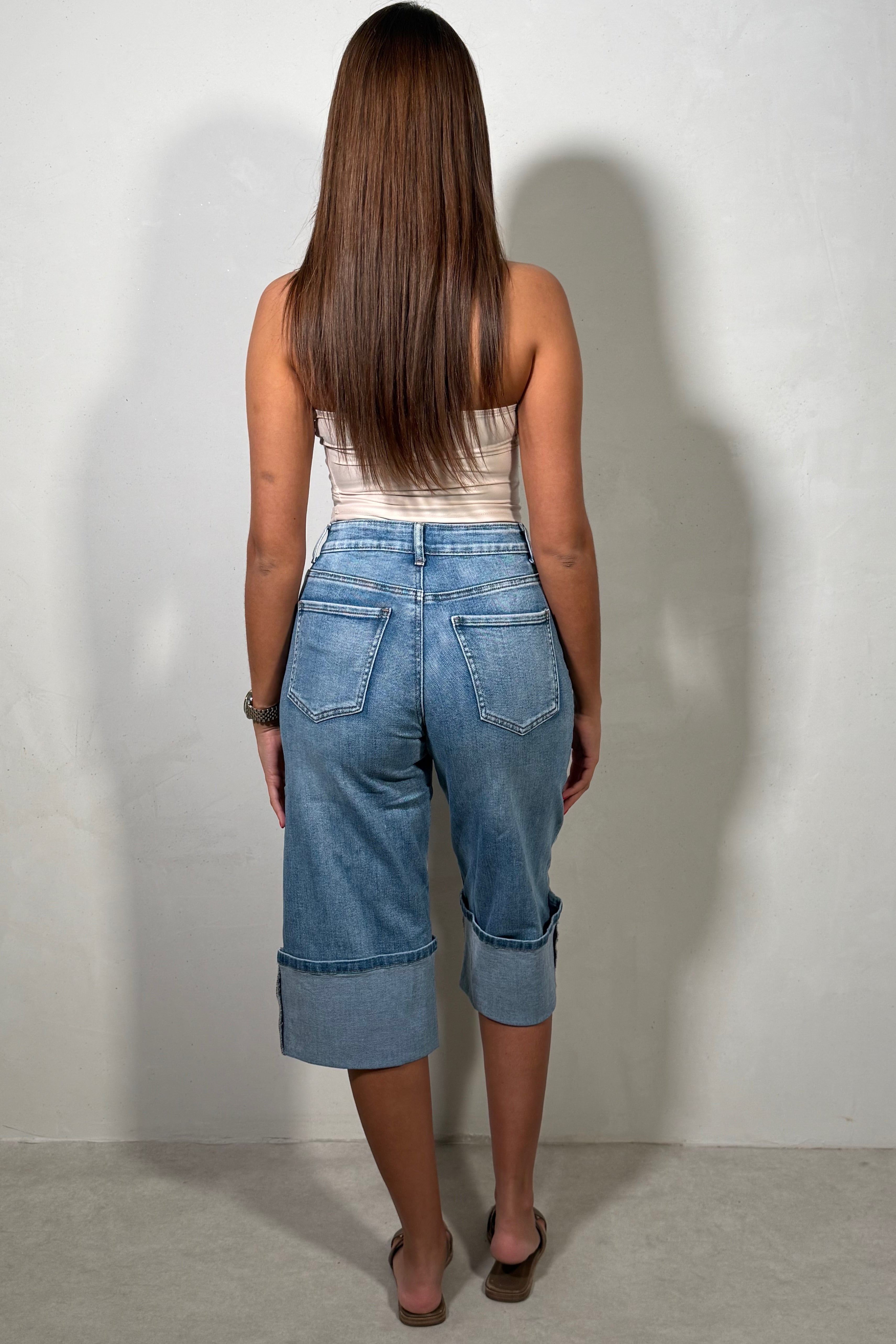 Bermuda Denim Ajusté Style Vintage À Revers