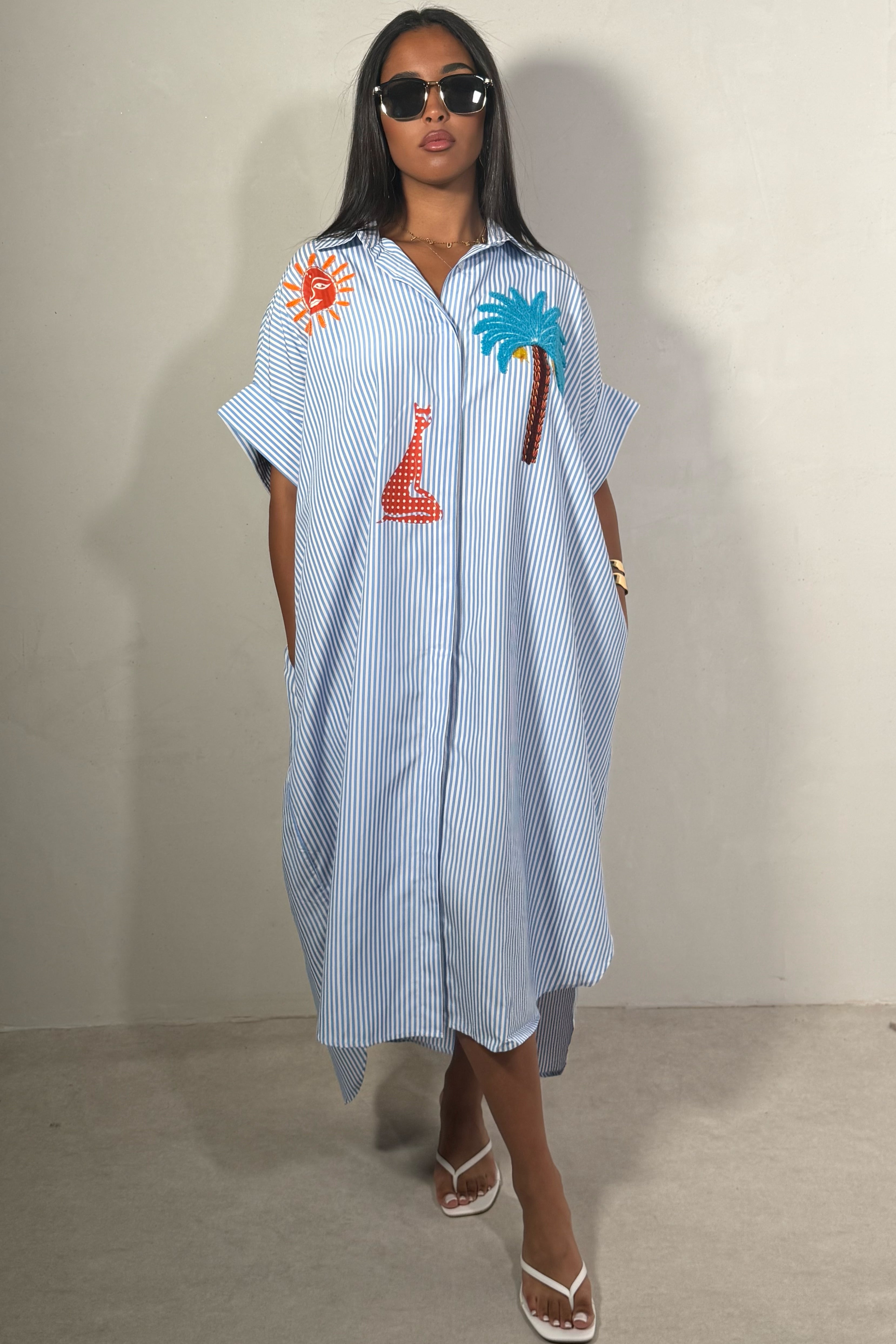 Robe Chemise Femme Rayures & Broderies — Coton Léger