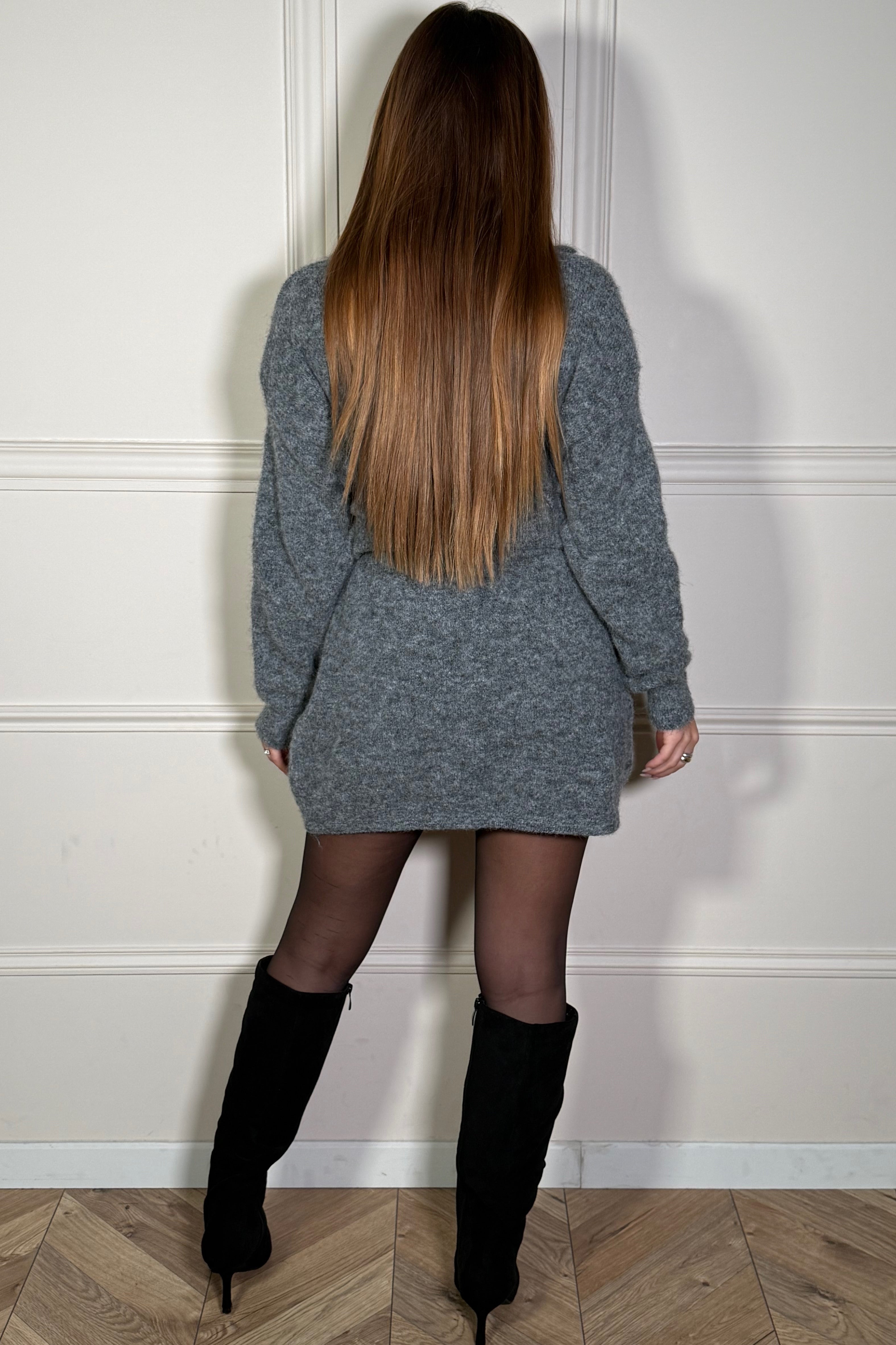 Ensemble Maille Pull Col V + Jupe Femme