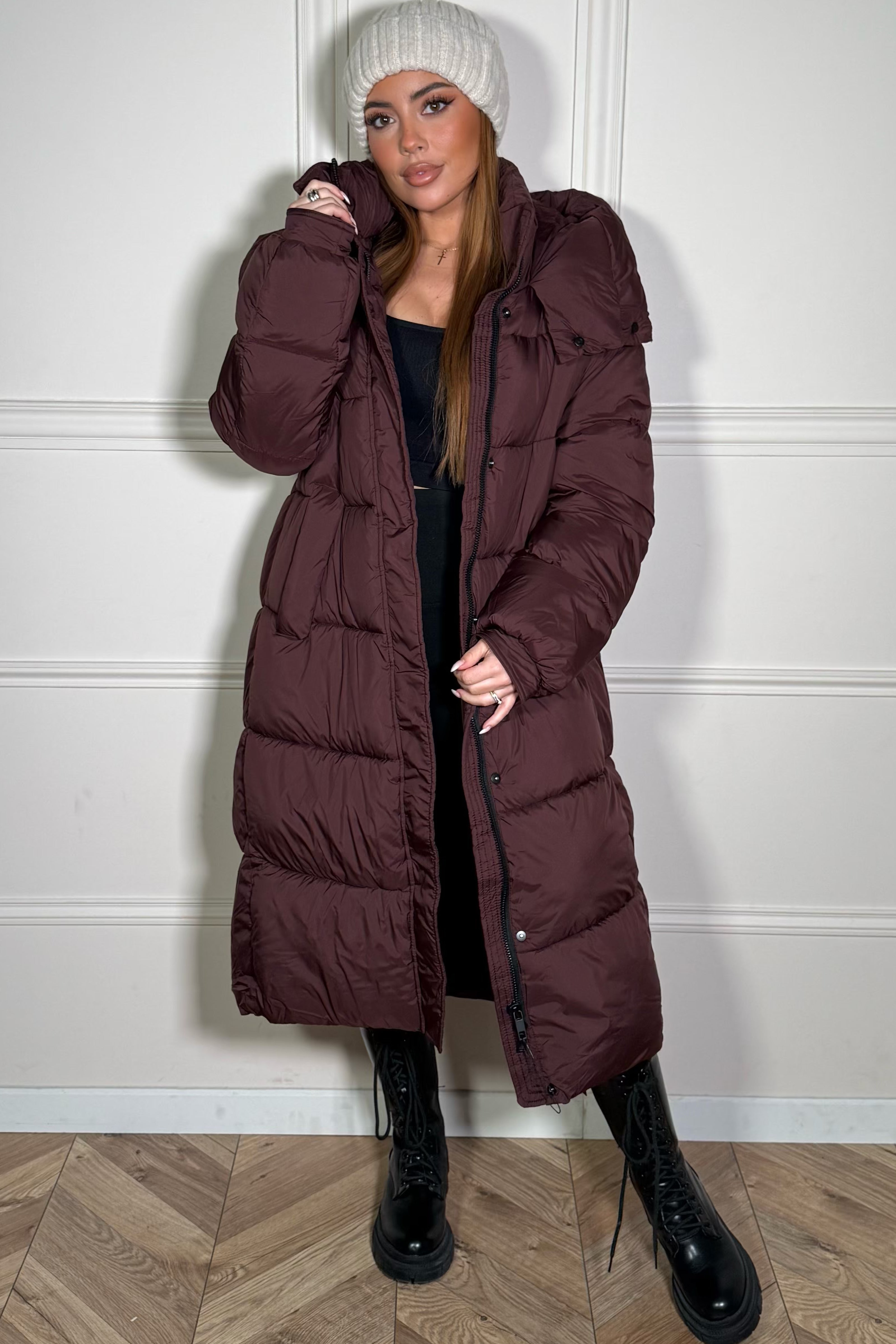 Doudoune longue à capuche femme matelassée, vue de face