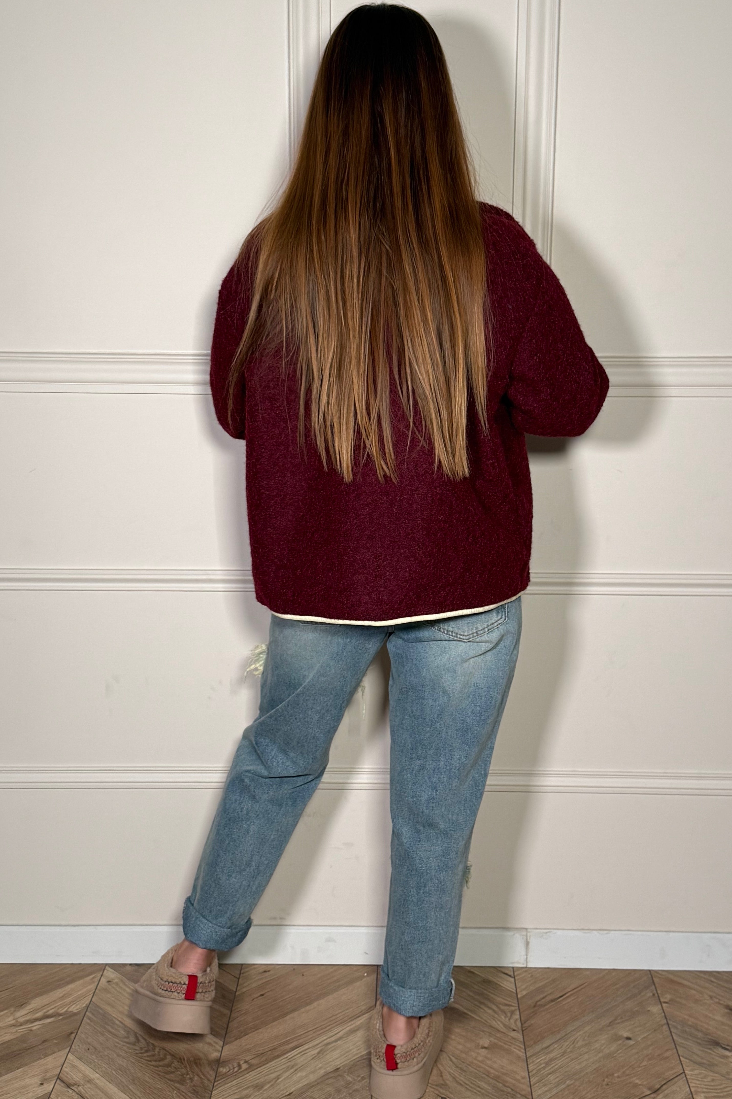 Veste Laine Bouclée Femme - Finitions Contrastantes Élégantes