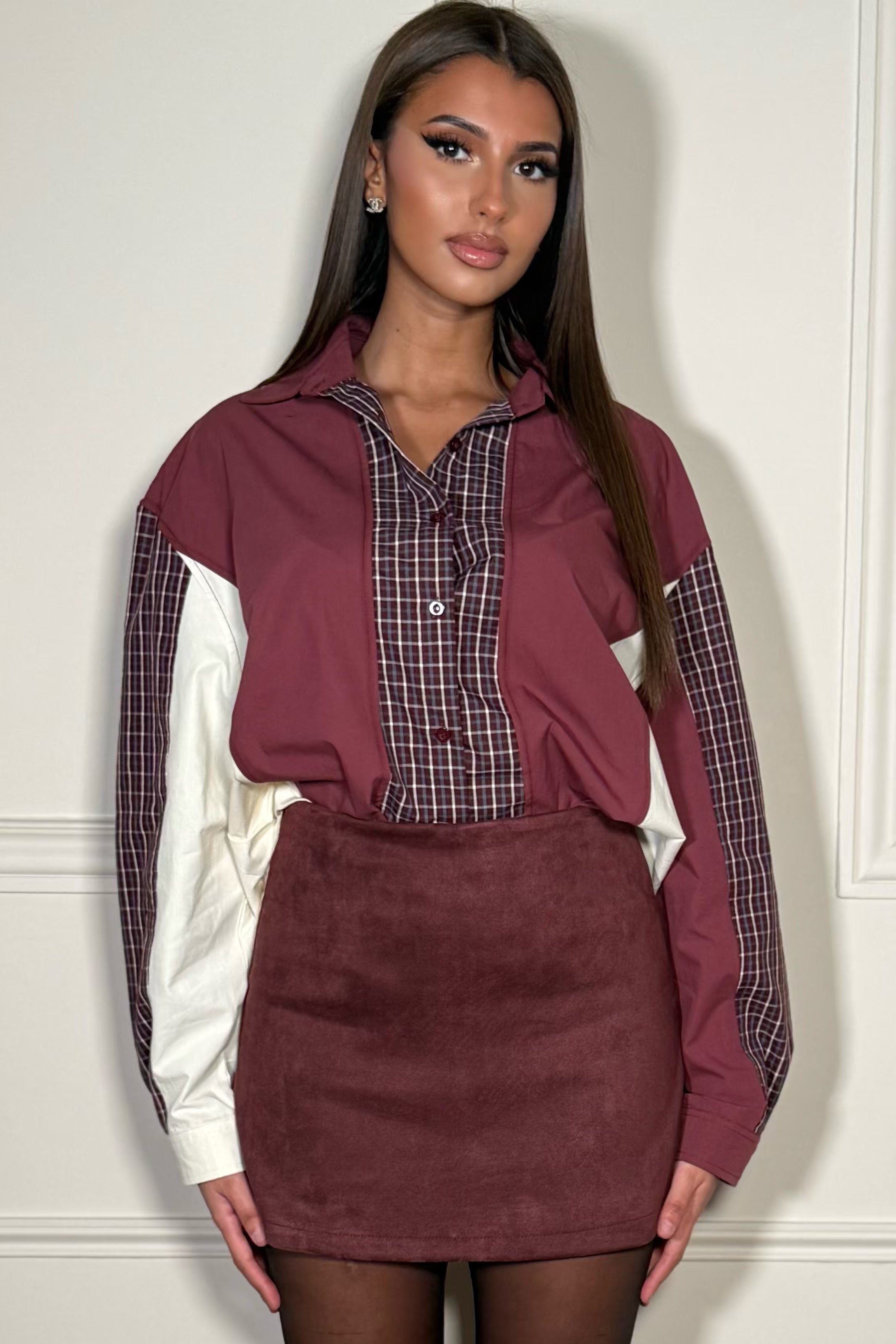 Jupe short suédine bordeaux taille haute femme