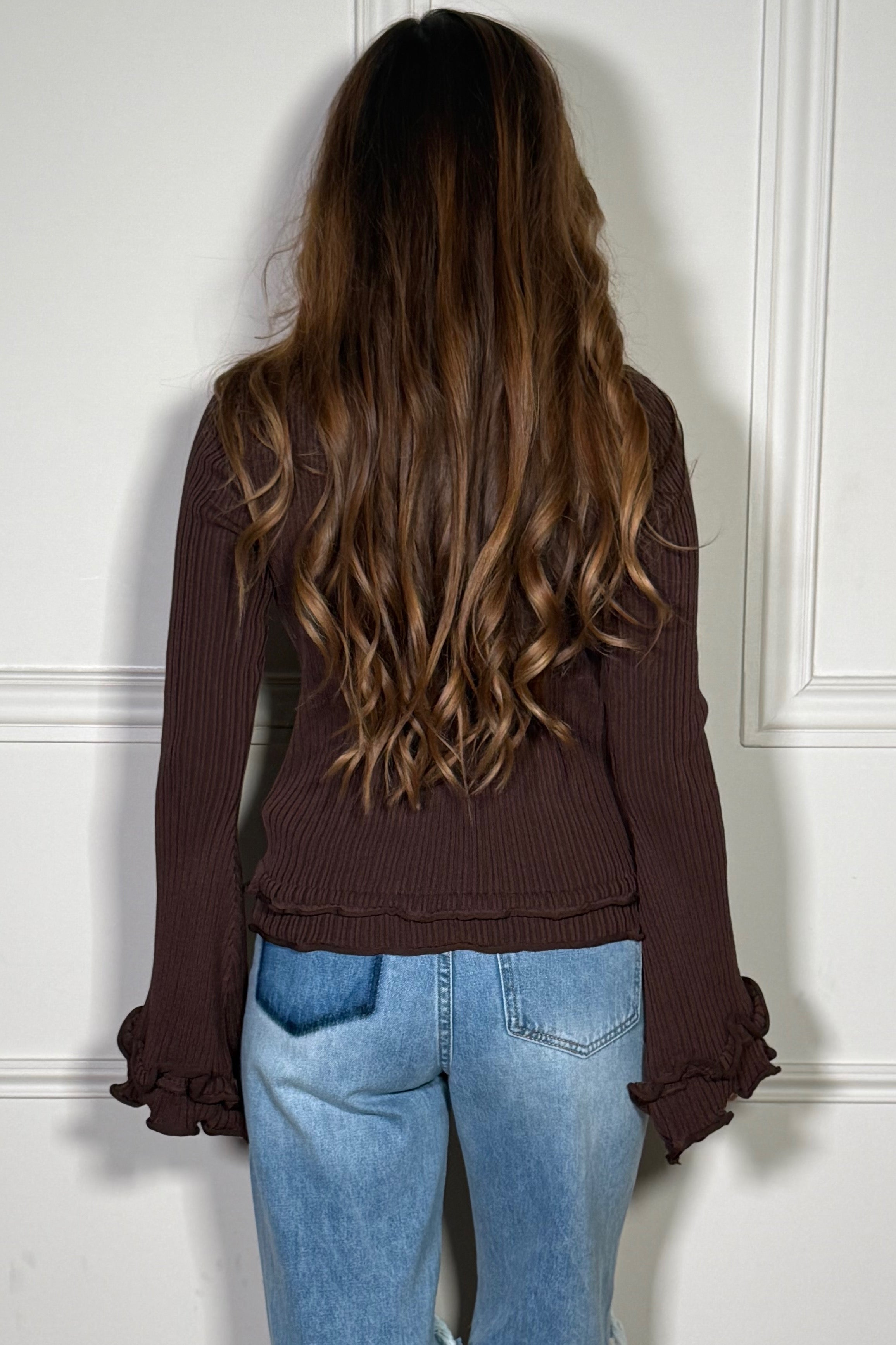 Pull Côtelé Manches Evasées Femme