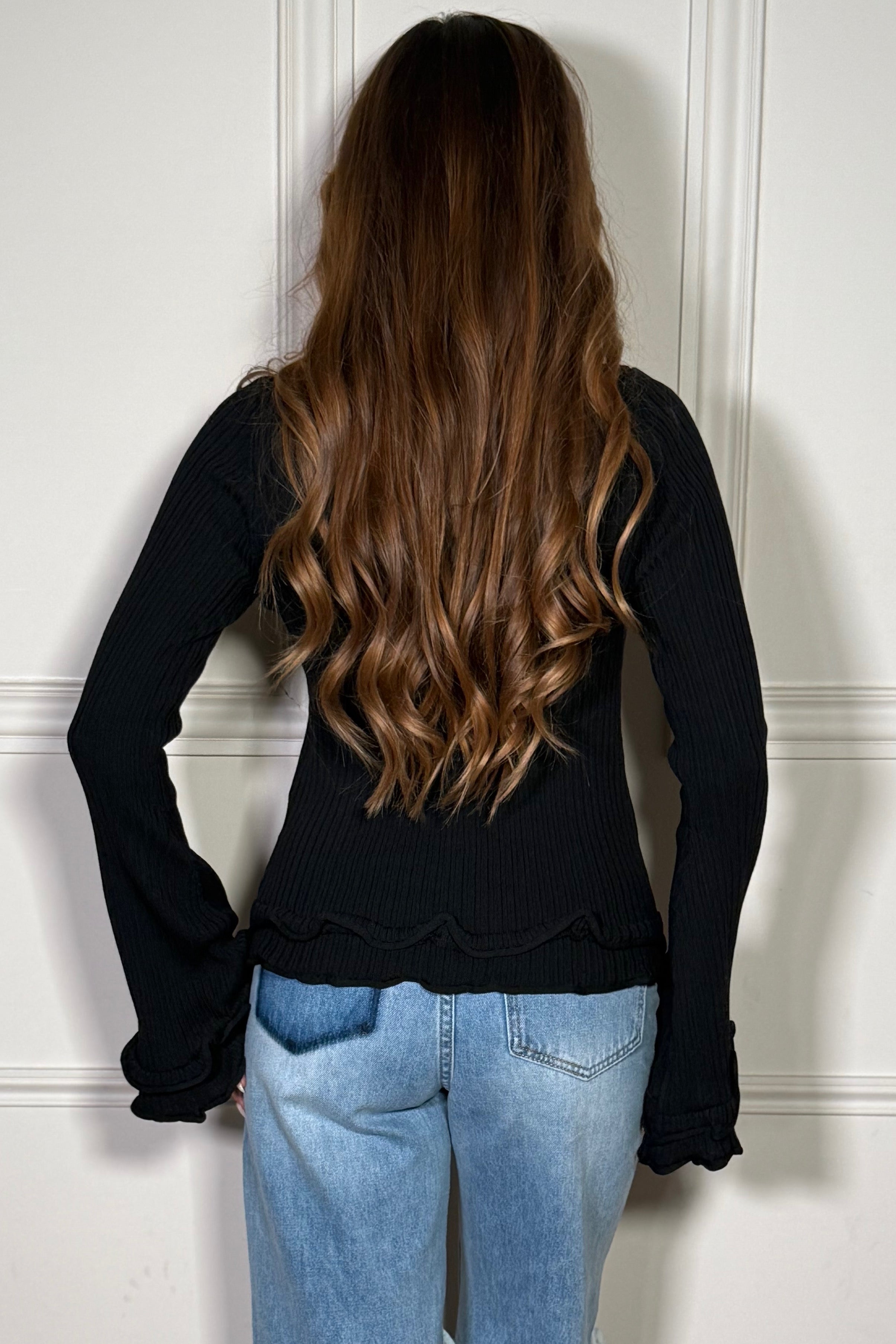 Pull Côtelé Manches Evasées Femme