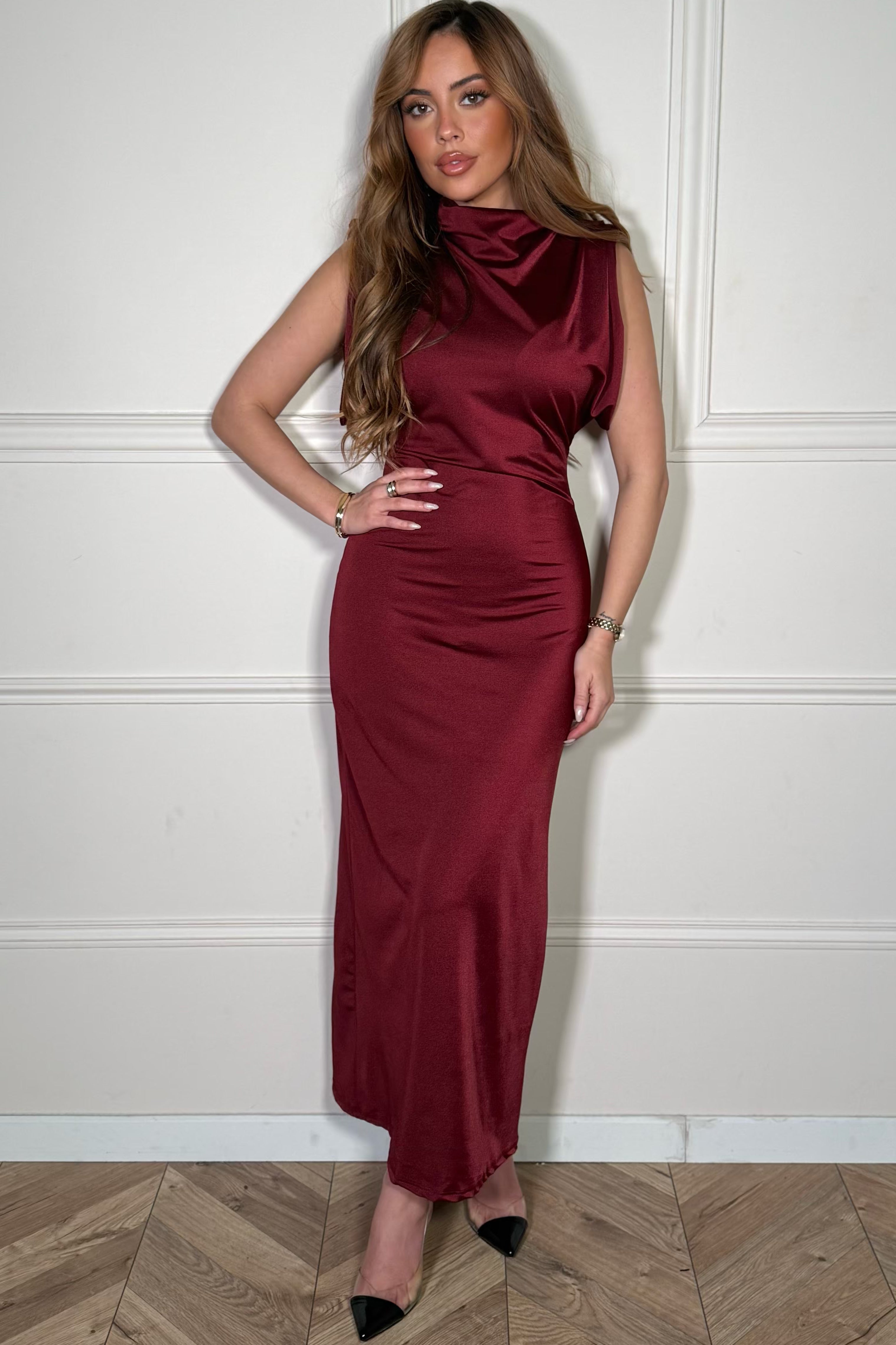  Robe épaulettes col montant femme bordeaux, vue de face