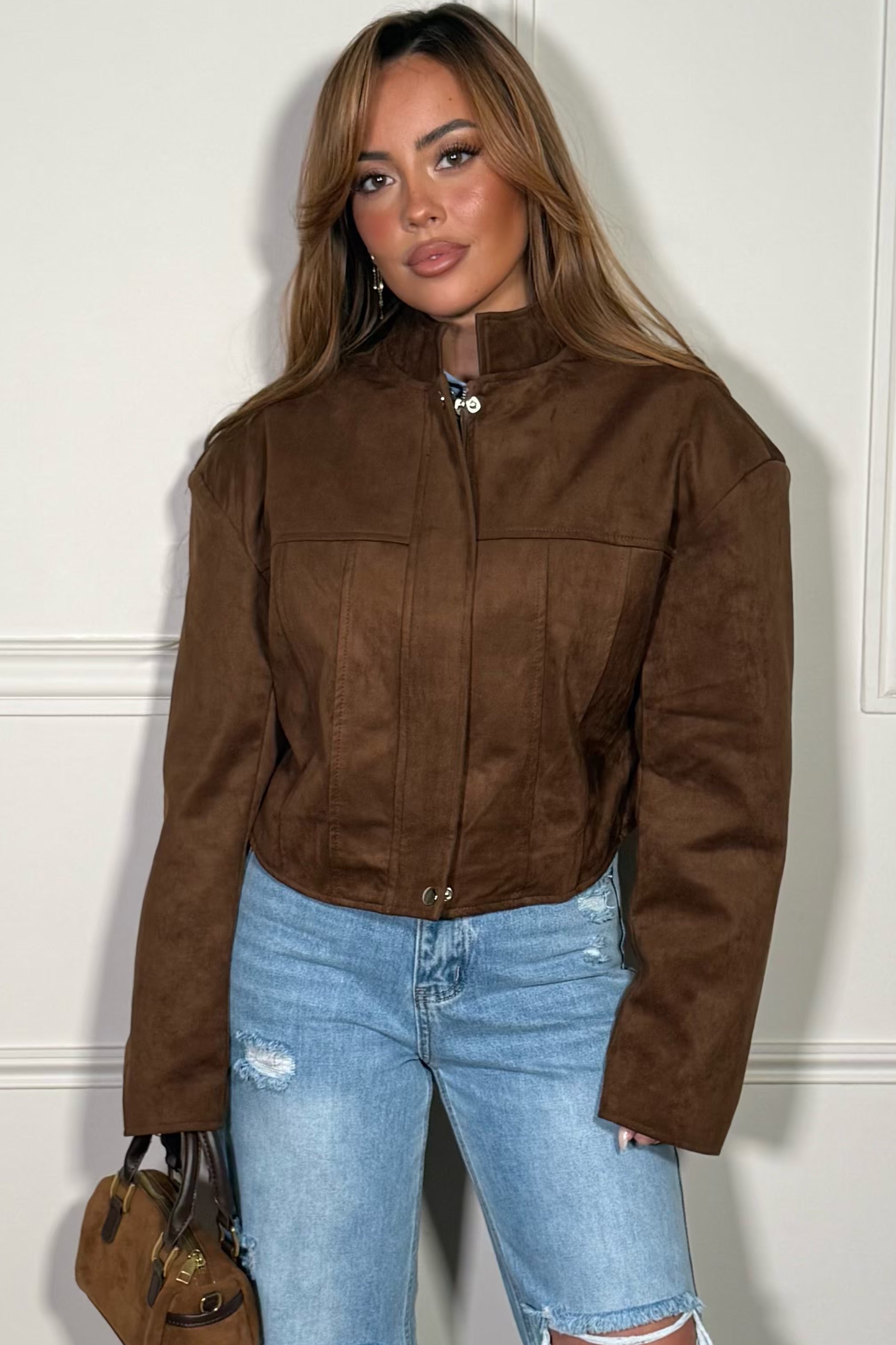 Blouson femme en suédine marron avec col montant, vue de face