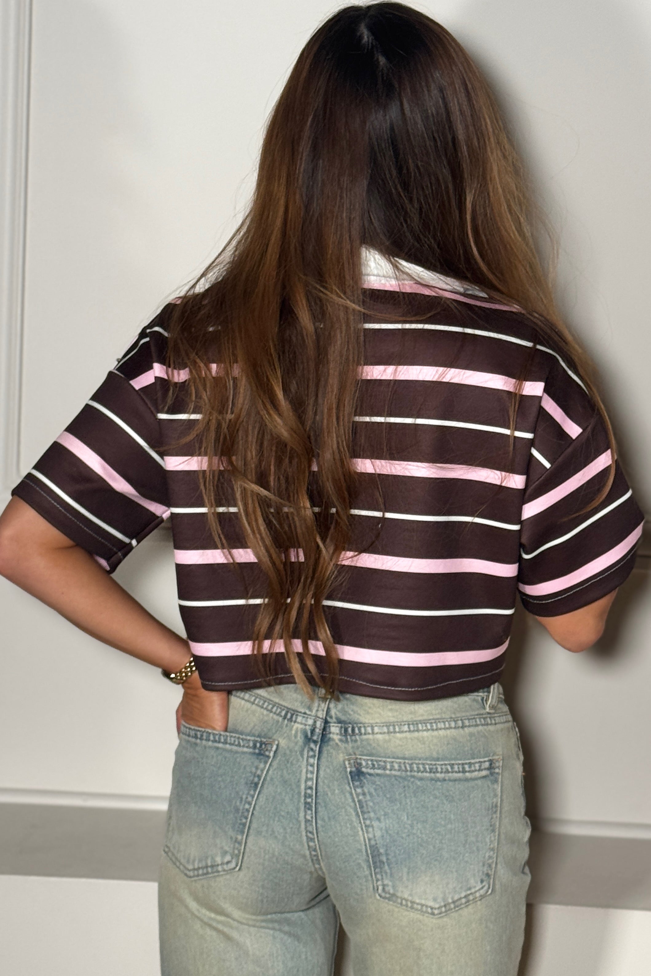 Crop Top Rayé Col Polo Femme - Style Preppy Chic