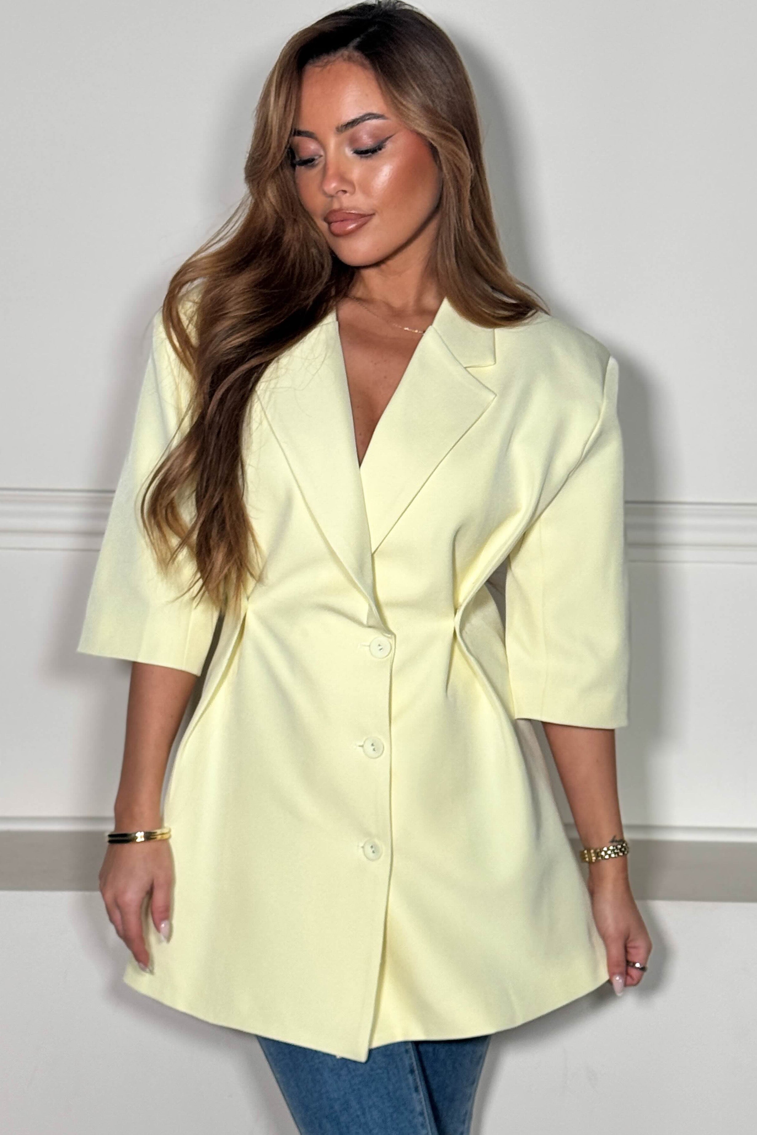  Blazer boutons cintré manches courtes femme jaune pâle, allure professionnelle