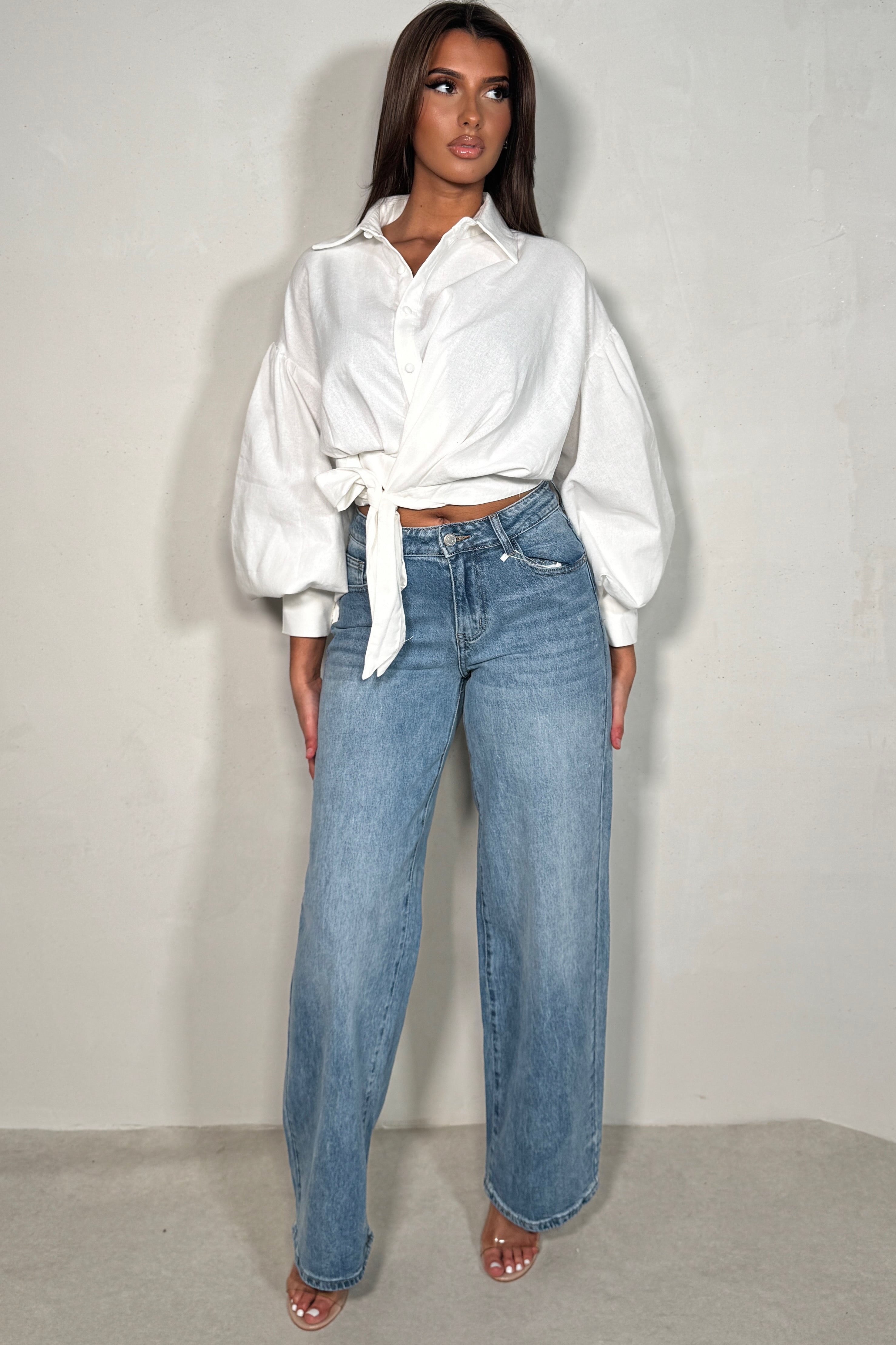 Jean wide leg bleu étoiles brodées femme