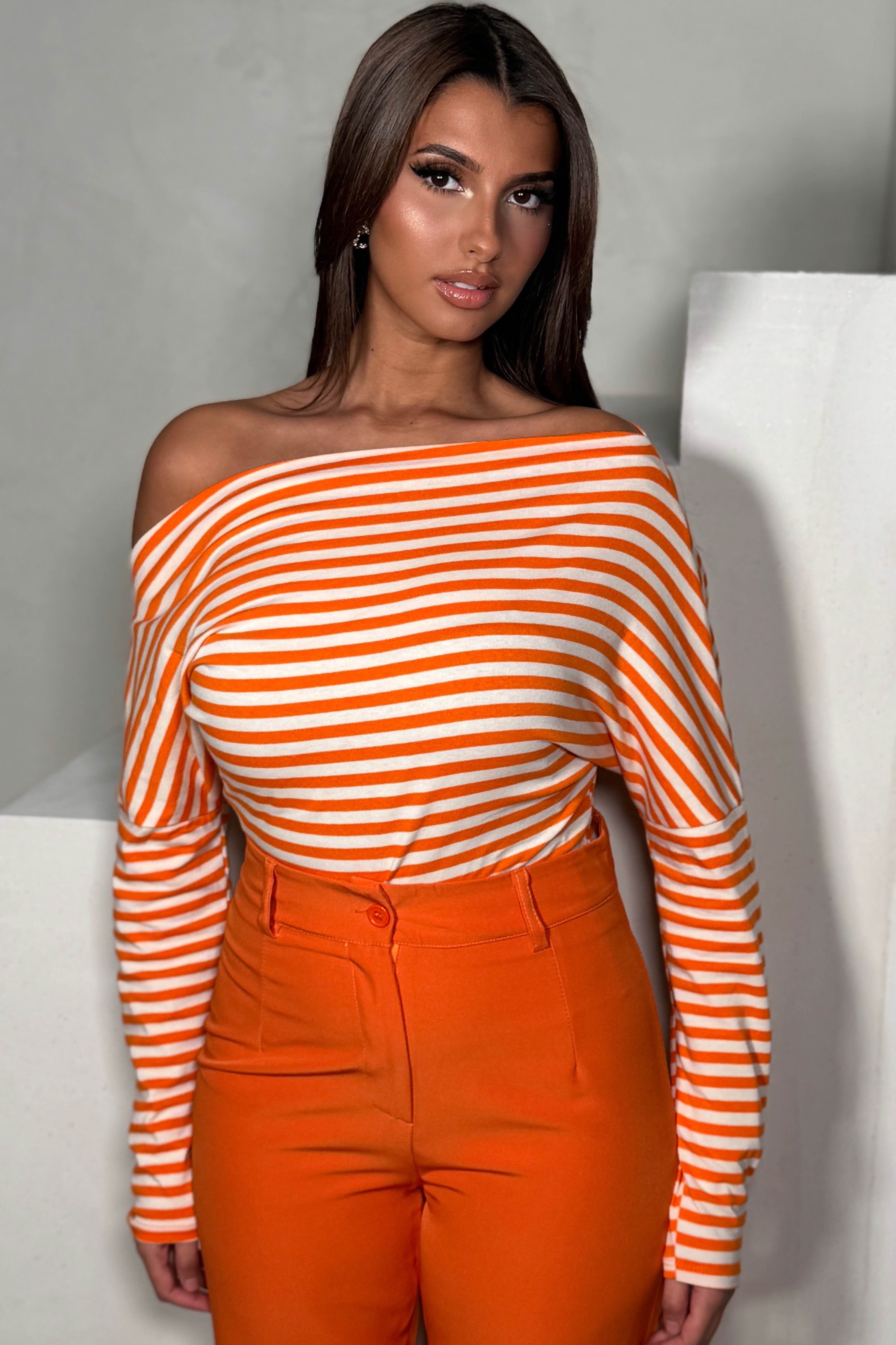 Top rayé col asymétrique femme coloris orange