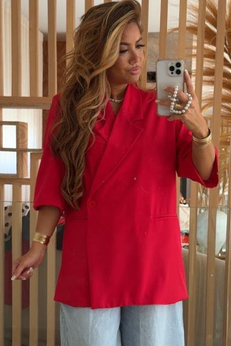 Blazer Femme Croisé Oversize à Manches Courtes - Rouge Passion
