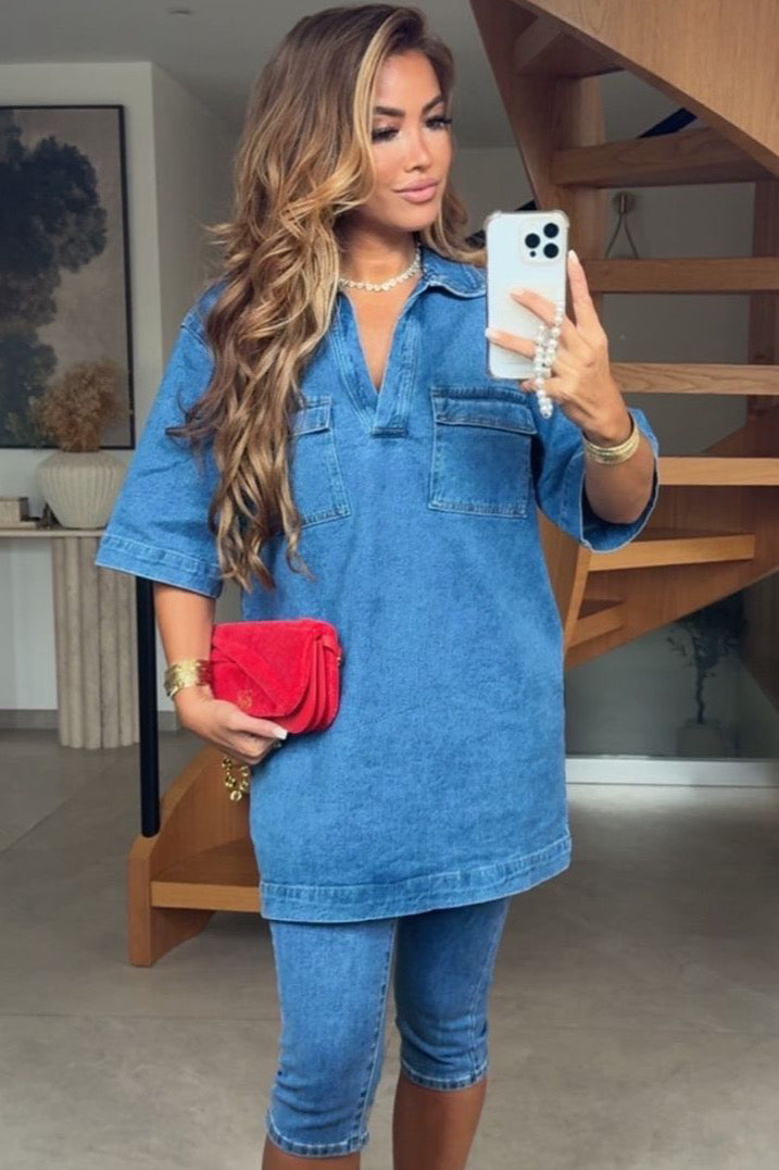 Robe Chemise Courte en Jean à Manches Mi-Longues pour Femme