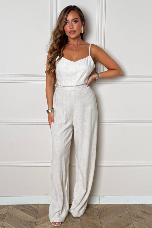 Détail bretelles ajustables combi pantalon lin naturel femme qualité BLOOSHOP
