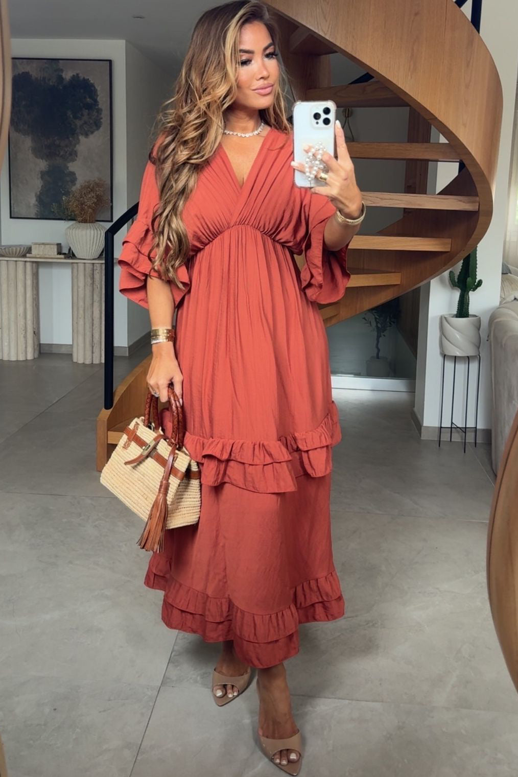 Robe Longue Femme à Volants et Décolleté V