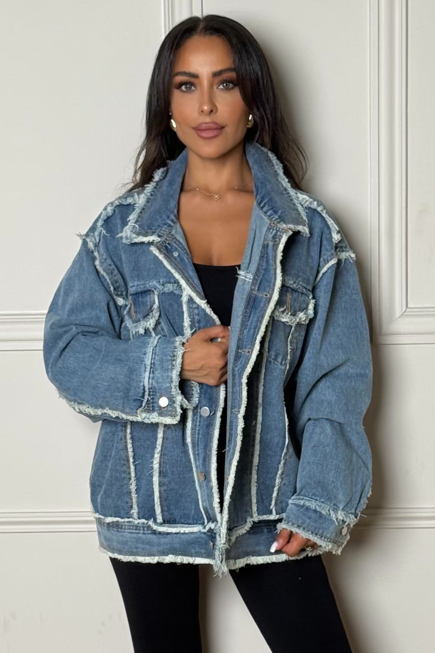 Veste denim oversize effilochée femme BLOOSHOP
