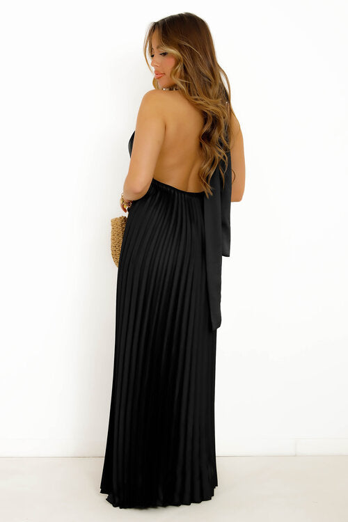 Robe Plissée Satinée Dos Nu Noir