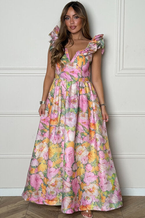 Robe Imprimé Floral Manches Froufrou Femme