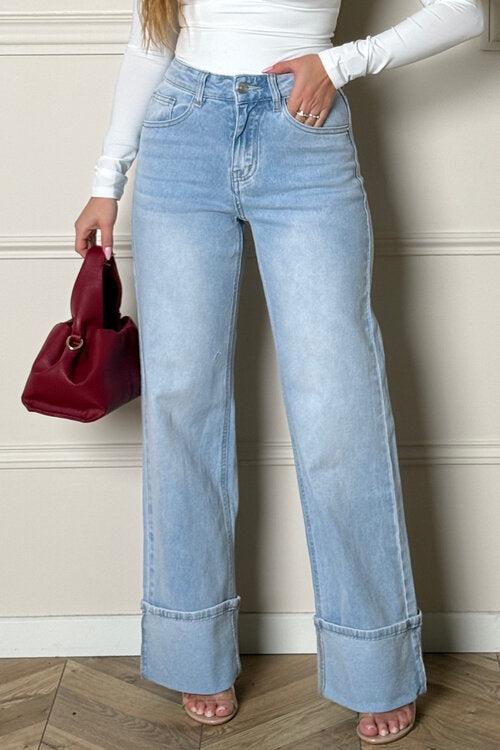 Jeans Large à Revers Femme