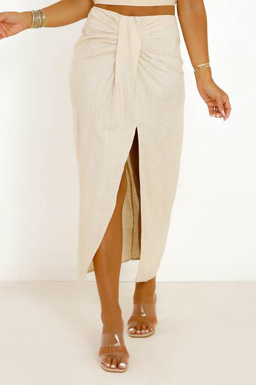 Jupe Froncée en Lin Femme Beige