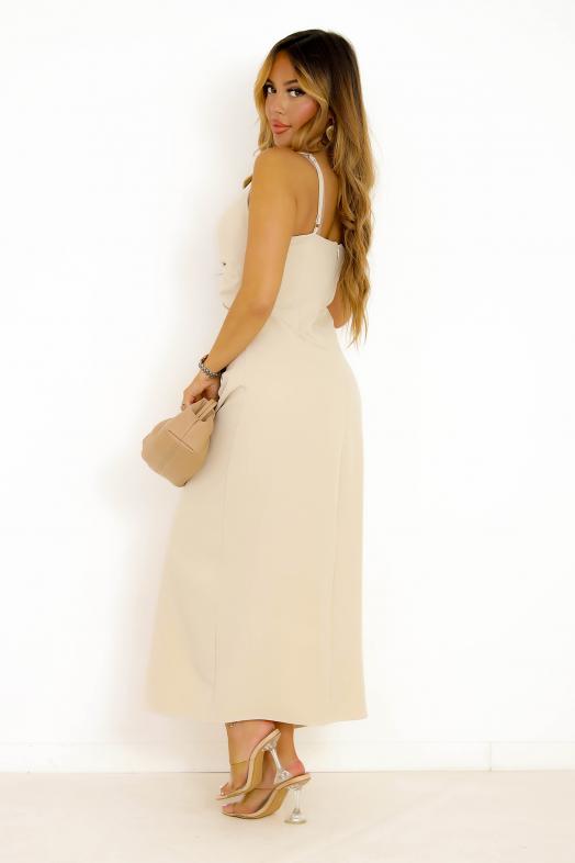 Robe Froncée Fendue Beige