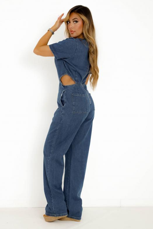 Combinaison Denim Côtés Ouverts Bleu Foncé
