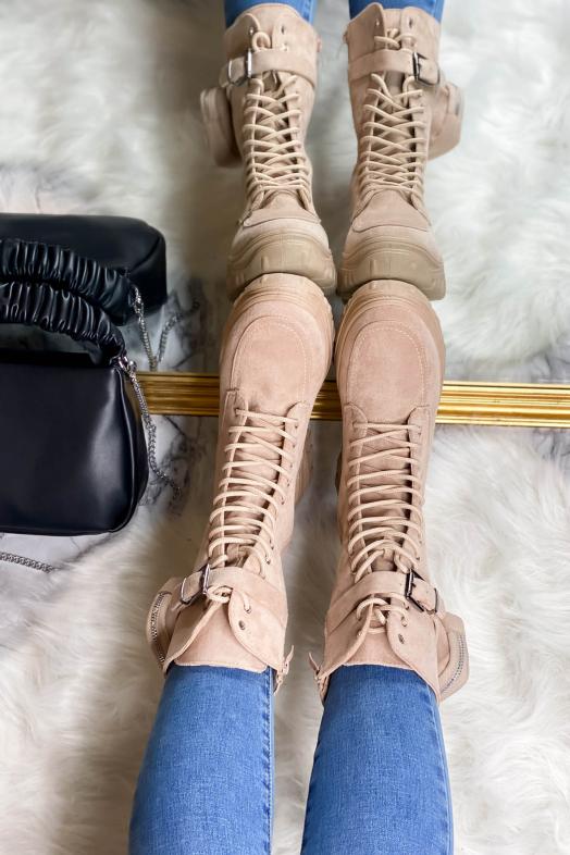 Bottines Femme Suédine Poches Beige
