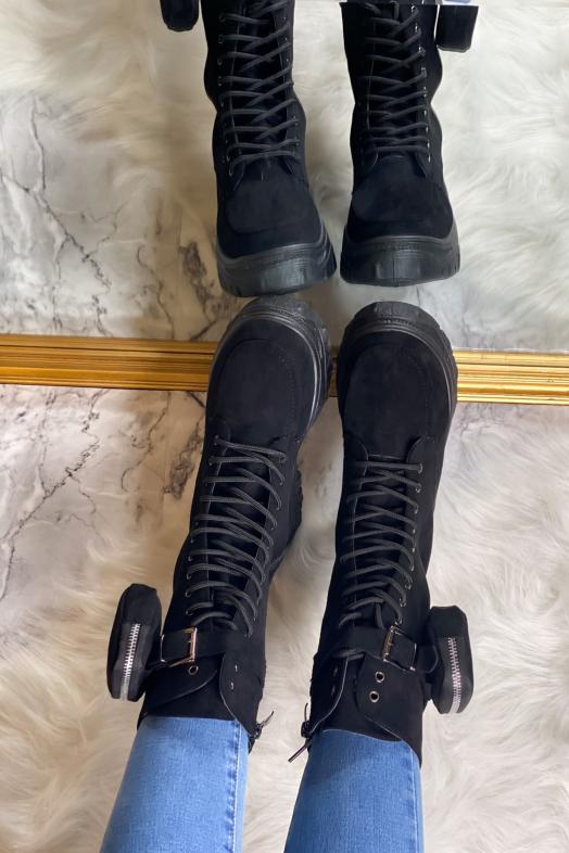Bottines Femme Suédine Poches Noir