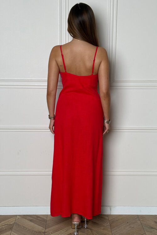 Robe col V à bretelles + boutons Femme