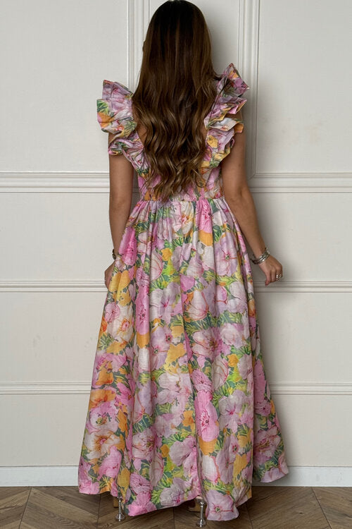Robe Imprimé Floral Manches Froufrou Femme