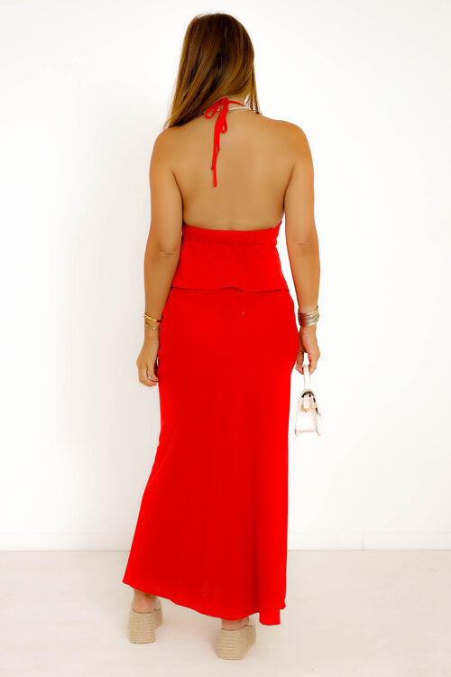Ensemble en Lin Top Dos Ouvert + Jupe