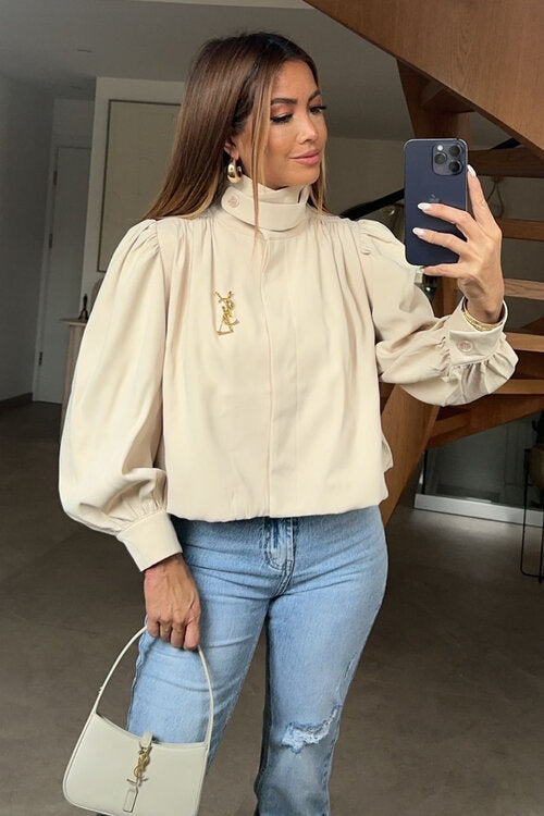Chemise Élégante Col Montant à Manches Bouffantes - Style Vintage Chic