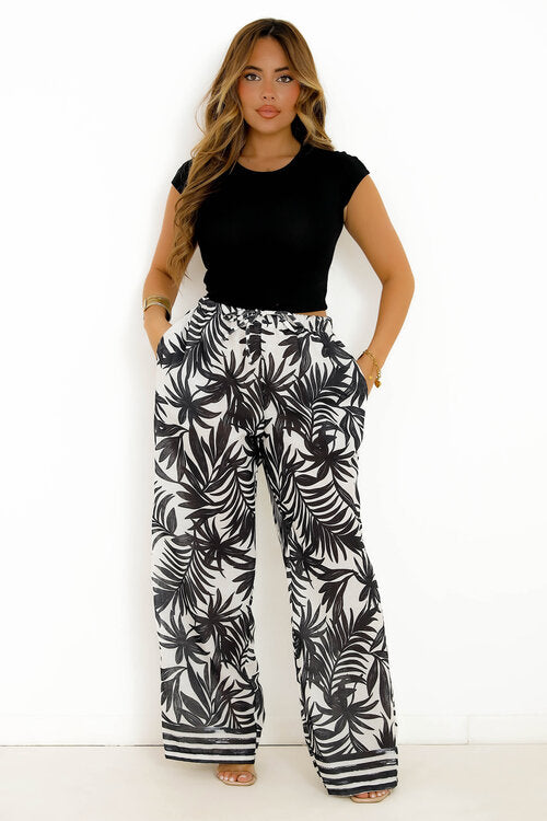Pantalon Effet Lin Imprimé Végétal