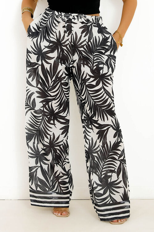 Pantalon Effet Lin Imprimé Végétal